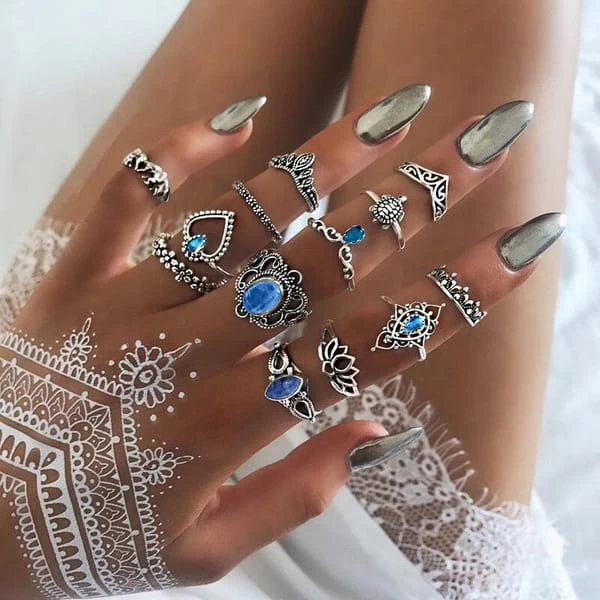Stacking Rings for Women Teen Girls Vintage Geometric Crystal Finger Rings Set