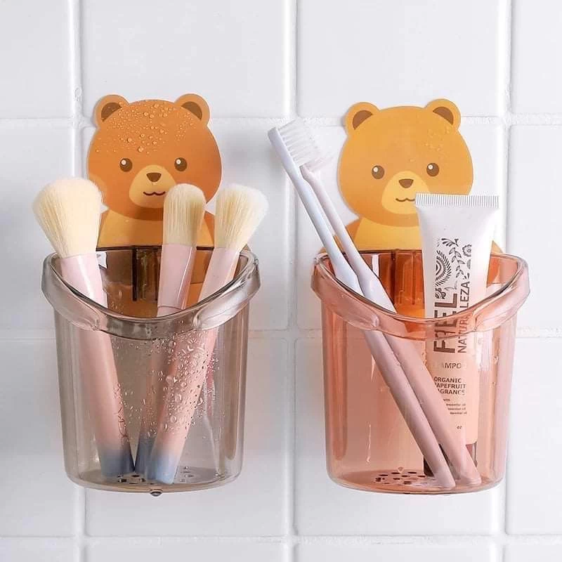 Cute Animal Toothbrush Holder Bathroom Cartoon Bear Toothbrush Toothpaste Wall Sticky Holder Rack Container Storage Organizer