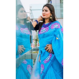 Fashionable dhupian & cotton mix Saree For Beautiful Women (Sky Blue)