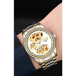 Original BOSCK Automatic Mechanical Waterproof Watch Korean Version for Men's - Between Gold and White Surface
