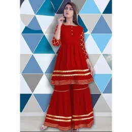 Fully Ready Made Attractive Designer High Quality Golden Lace Fitted Work Kameez And Palazzo Set For Woman