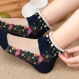 Retro Socks Lace Transparent Ankle Socks Cotton Flowers Ruffle Socks Hosiery Socks Pear