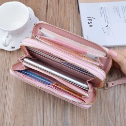 Mobile Phone Bag Double Zipper Hand Purse Long Stitching Contrast Color Card Slots Large Capacity Double-layer Wallet