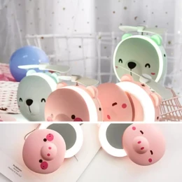 3in1 Rechargeable Fan Makeup Mirror LED Light Mini Portable Cute Pig Head Shape