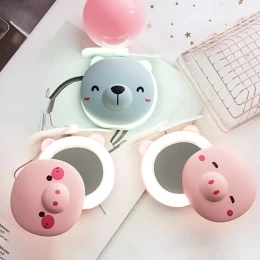 3in1 Rechargeable Fan Makeup Mirror LED Light Mini Portable Cute Pig Head Shape