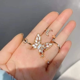Creative Women's Inlaid Rhinestone Vintage Gold Personality Butterfly 5 Pieces Ring Set