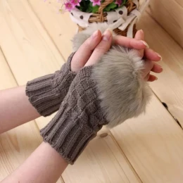 1Pair Fashion Women Faux Rabbit Fur Hand Wrist Crochet Knitted Fingerless Gloves