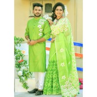 Lemon Green Half Silk Shuli Ful Saree and Dhupian Silk Panjabi Combo For Couple