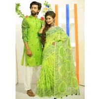 Lemon Green Half Silk Shuli Ful Saree and Dhupian Silk Panjabi Combo For Couple