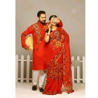 Deep Red Half Silk Shuli Ful Saree and Dhupian Silk Panjabi Combo For Couple