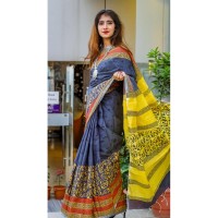 Fashionable dhupian & cotton mix Saree For Beautiful Women (Ash & Yellow)