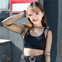Long-Sleeved Lace Shirt Women's Fishnet Net Yarn Shirt, See-Through Sexy Small Stand-up Collar