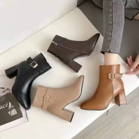 Leather Boots Women High Heels Platform Ankle Boots For Women Pointed Toe Autumn Winter Shoes