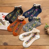 Retro Socks Lace Transparent Ankle Socks Cotton Flowers Ruffle Socks Hosiery Socks Pear