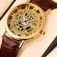 Skeleton Double Sided Glass Transparent Leather Watch for Men's