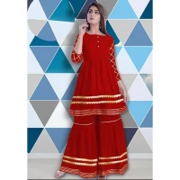 Fully Ready Made Attractive Designer High Quality Golden Lace Fitted Work Kameez And Palazzo Set For Woman