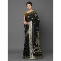 Printed Silk Saree With Blouse Piece For Women (Black)