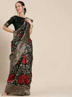 Print Silk Saree With Blouse Piece For Women - Black