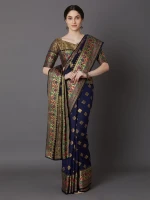 Print Silk Saree With Blouse Piece For Women - Navy Blue