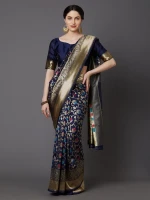 Print Silk Saree With Blouse Piece For Women - Navy Blue