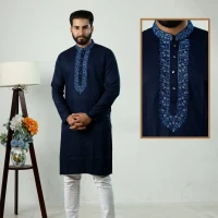 Stylish Navy Blue Cotton Traditional Wear Panjabi With Embroidery Work