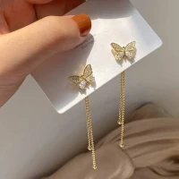 Korean Style Butterfly Tassel Rhinestone Drop Earrings Gold Stud Earrings