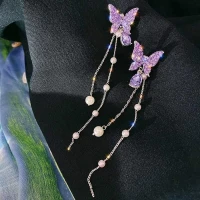 Fashionable Purple Butterfly Earrings For Women Long-Faced Pearl Chain Necklace Colorful Fashionable