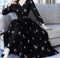 Beautiful Black With Flower Printed Comfortable Grown For Women