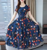Colorful Flower Printed Navy Blue Grown For Women