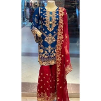 Semi-Stitched Embroidery Party Three Piece Suit